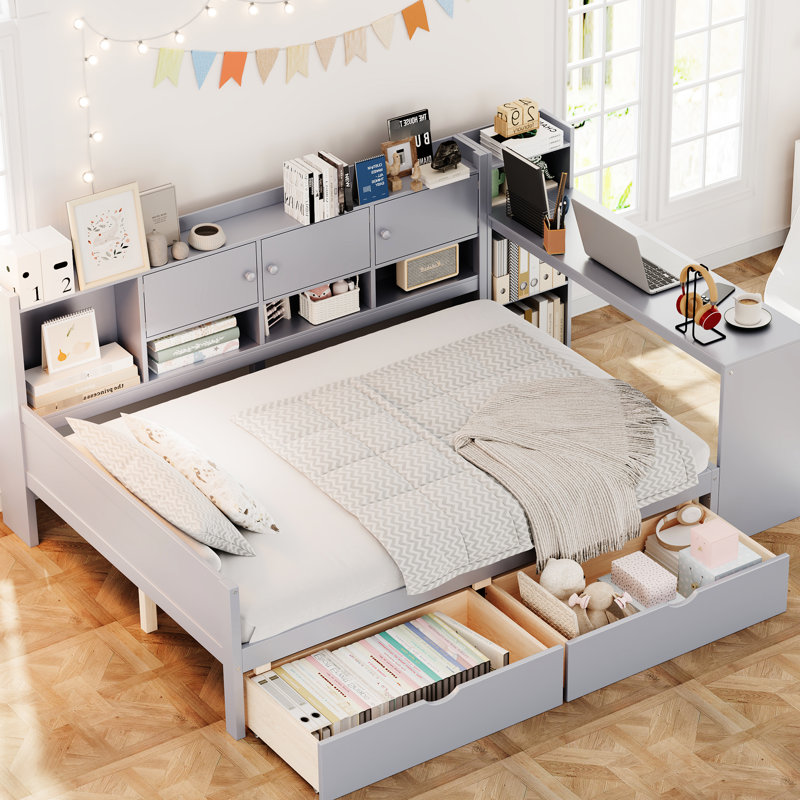 Lit de jour gris avec rangement conçu, bureau d'étude polyvalent et structure stable avec bibliothèque intégrée réglable, idéale pour les petits espaces invités