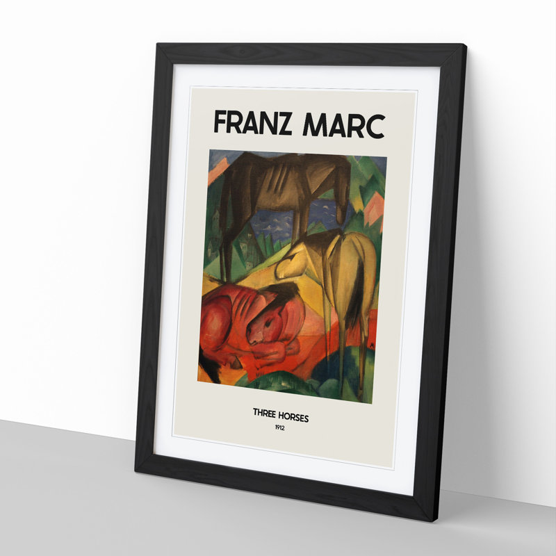 Three Horses by Franz Marc - Picture Frame Painting, 65cm H x 48cm W x 2cm D, Black Framed