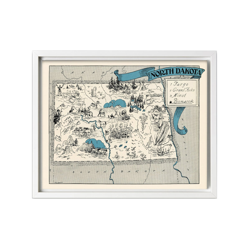 Carte illustrée de North Dakota, H 08 po x l 10 po, Canevas, Encadrement blanc