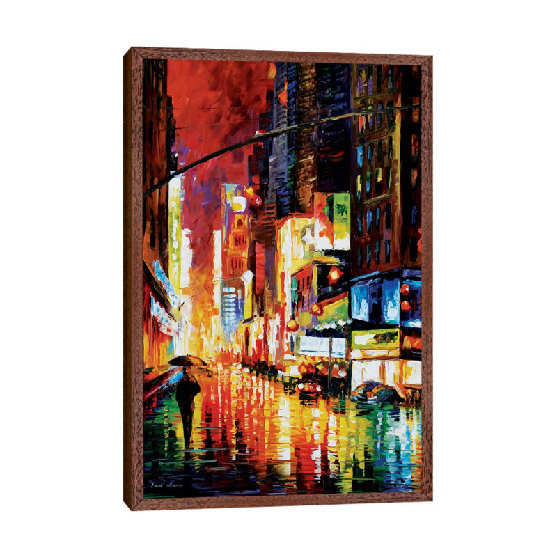 Times Square by Leonid Afremov - Painting on Canvas, 66.04 cm H x 45.72 cm W, Classic Brown Wood Framed Canvas