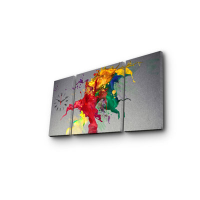Horloge murale élégante en toile décorative (3 pièces), 33,5 po x 17,7 po | Toile 100% suède avec cadre 100% bois (épaisseur: 1,2 po) | Décoration élégante pour le salon et le bureau, design unique et horloge