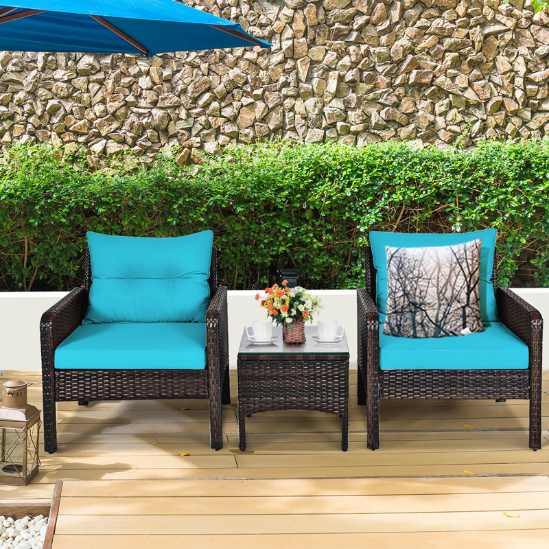 Alduin Wicker 2 - Person Patio Conversation Set with Cushions, Turquoise