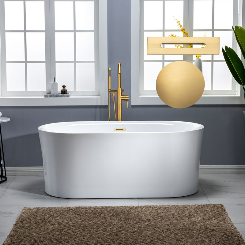 59" x 30" Freestanding Air Soaking Acrylic Bathtub with 208 Jets, 7 Colours LED Lights, Chromatherapy, White/Brushed Gold
