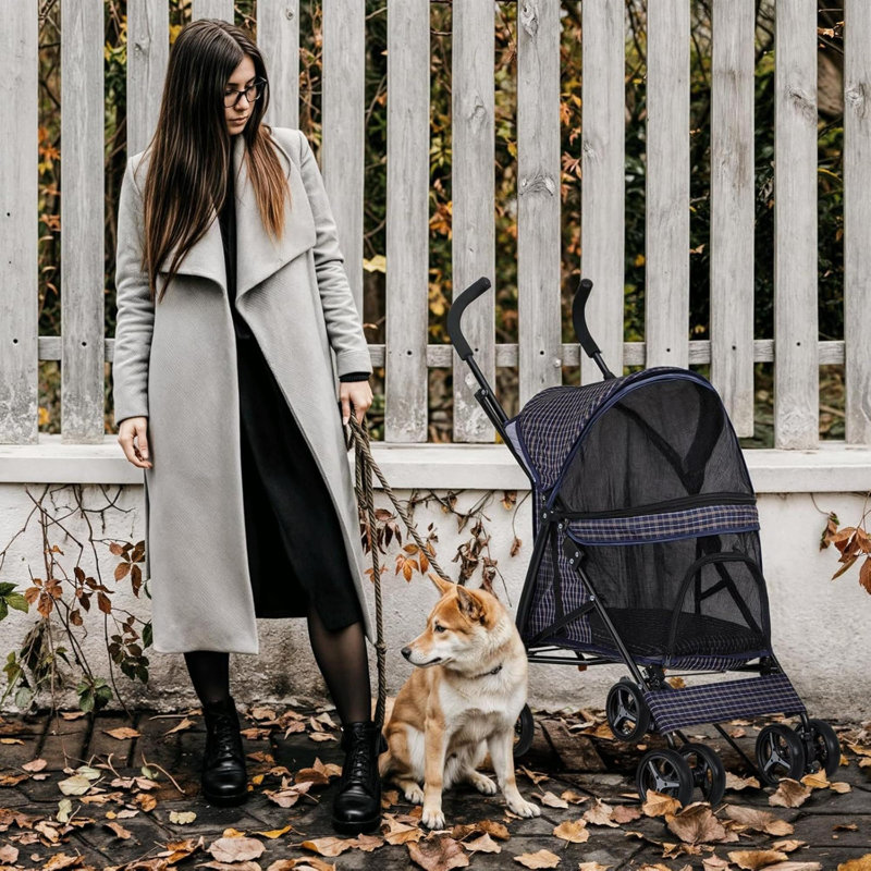 Poussette 4 roues pour animal de compagnie, parapluie facile à plier en forme de poussette de chat pour chat avec sac de rangement et filet visible pour chien à carreaux