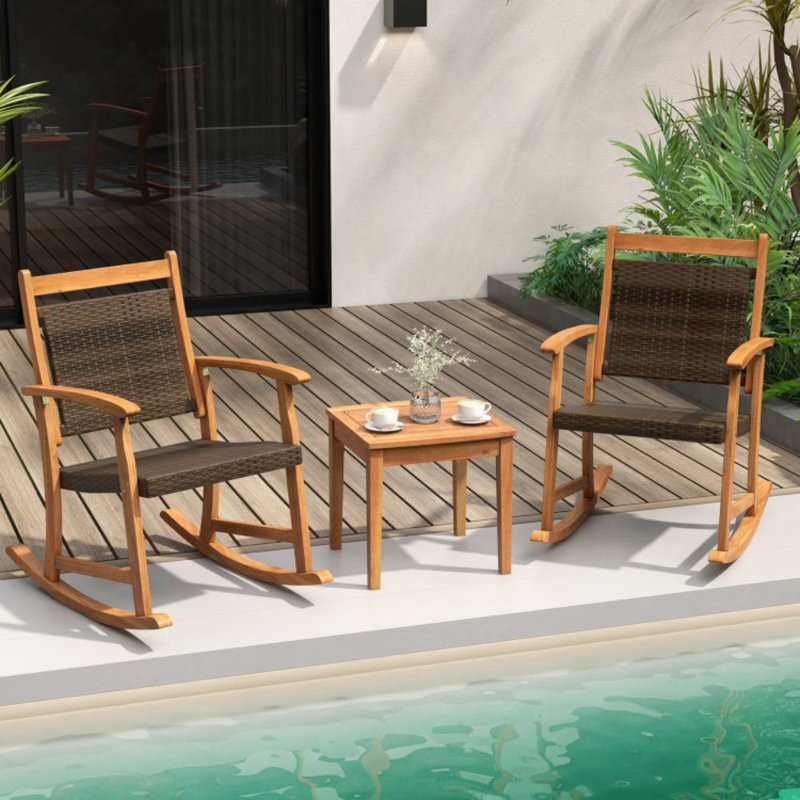 3 Pieces Acacia Wood Patio Rocking Chair Set With Side Table