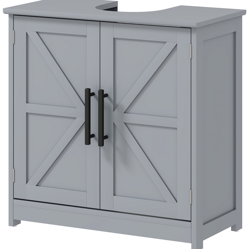 Meuble-lavabo sur piédestal, gris foncé, conception à deux niveaux, tablette réglable, élégance, rangement de salle de bain peu encombrant, portes de grange, style, rangement sécuritaire