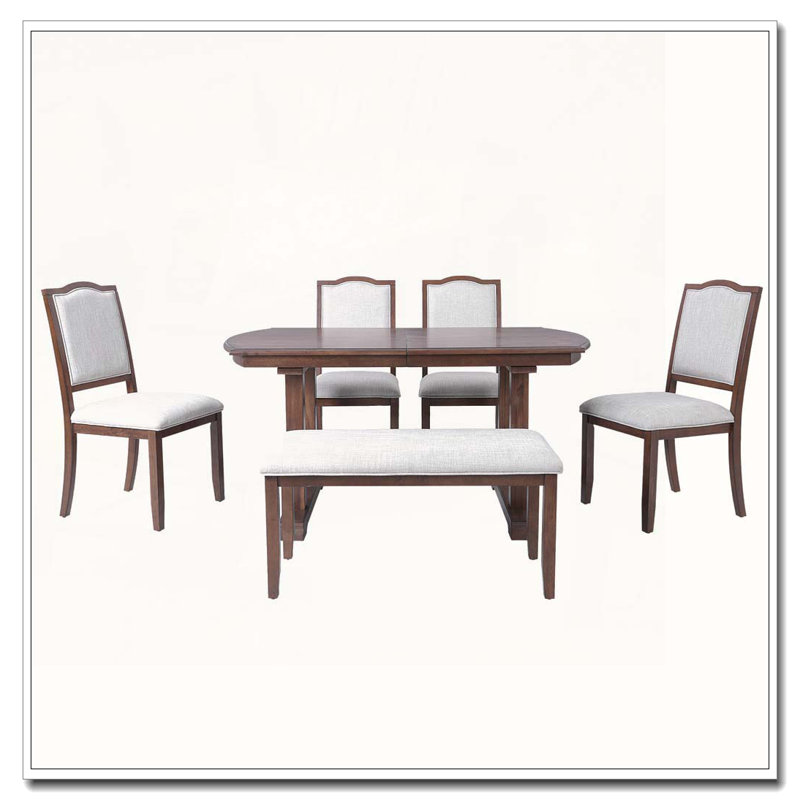 Ensemble de table de salle à manger 6 pièces, avec 4 chaises d'appoint rembourrées et banc, Merisier