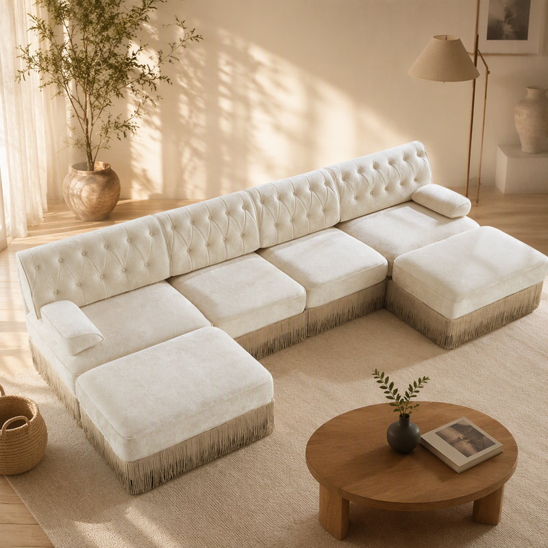 Canapé modulaire 4 places avec 2 repose-pieds en nuage, jupe à pampilles, conception capitonnée, mousse haute densité, base ergonomique en bois, pour les salons et les chambres