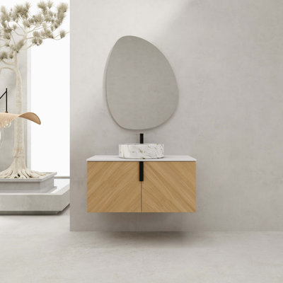 Meuble-lavabo de 36 po avec lavabo d'art supérieur en céramique et dalle de pierre artificielle, 2 portes à fermeture douce, fixation murale