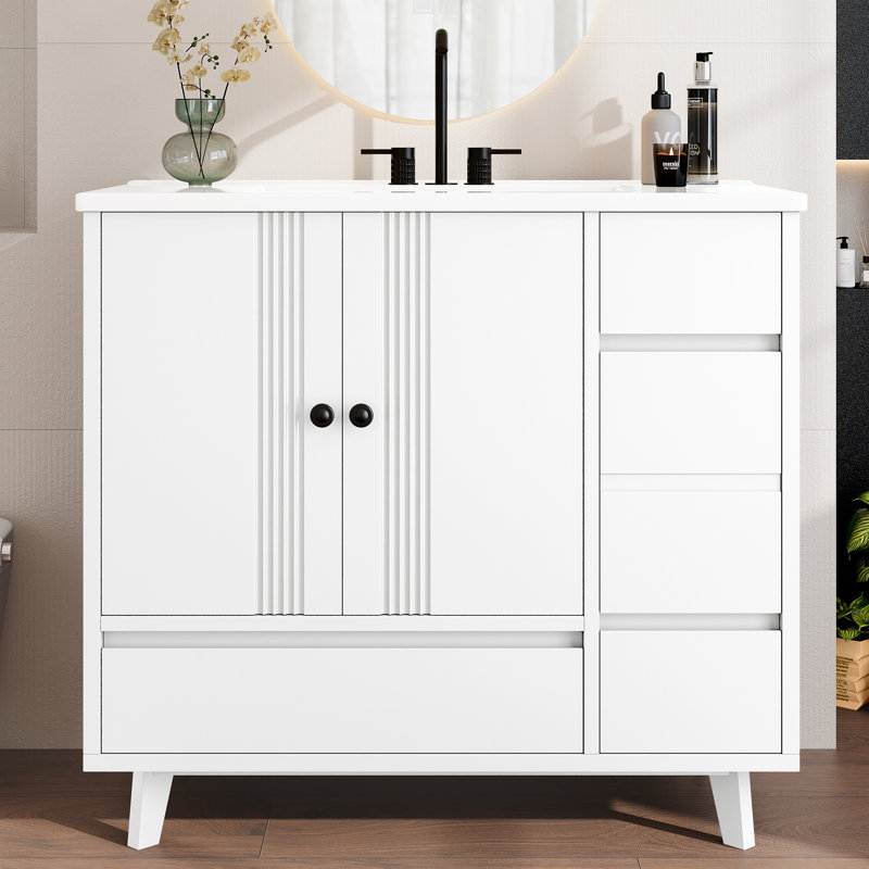36" Bathroom Vanity With Sink, Freestanding Single Vanity With 4 Drawers & Side Rack, Wood Cabinet, White, White