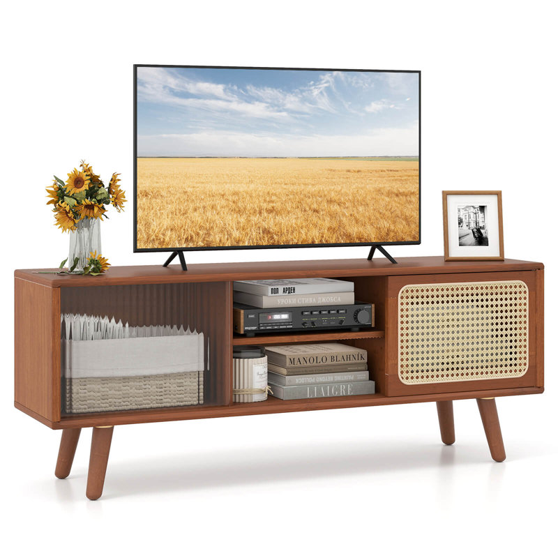 Modern Tv Stand Entertainment Center Media Console With Rattan Glass Sliding Doors Brown