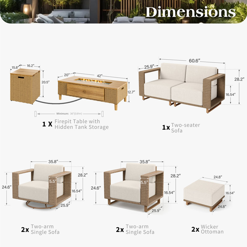 8- Person Outdoor Wicker Patio Conversation Furniture Set With Swivel Chairs, Fire Pit Table