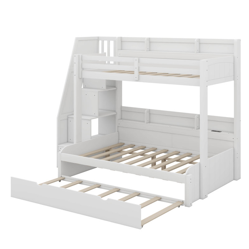 Full Over Twin Bunk Bed With Built-In Storage Staircase, Trundle Bed, Storage Compartments, LED & USB Connectivity, White