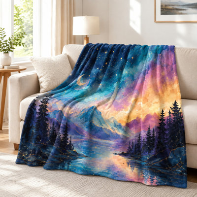 Couverture aquarelle paysage de montagne - ciel céleste, croissant de lune, nuit étoilée, vue sur le lac, arbres de la forêt, accents dorés, confortable, léger, respirant, toutes saisons, doux pour la peau, lavable à la machine, décoratif, pour canapé, canapé, salon et