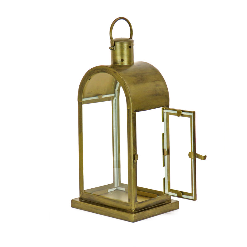 Antique Bronze Arched Candle Lantern with Glass Panels