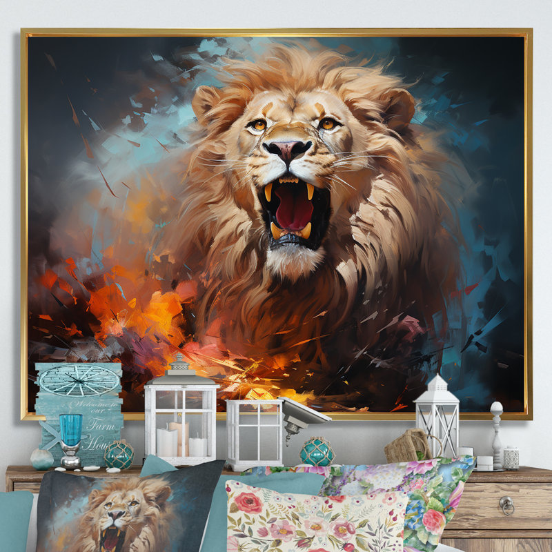 Lions, énergie indomptée sur toile, H 30 po x l 40 po x P 1,5 po, Cadre flottant doré