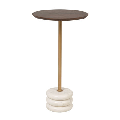 Stacked Marble Base and Mango Wood Drink Table with Gold Post