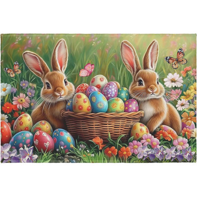 Area Rug 2x3 Ft  Easter Bunny Eggs Entry Rug Spring Rabbit Small Non-Slip Low Pile Porch Front Door Throw Rugs