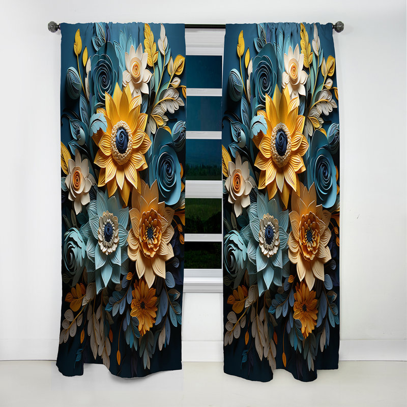 Augeron - Rideau occultant en velours à motif floral tournesols - 1 panneau, L 52 po x L 95 po