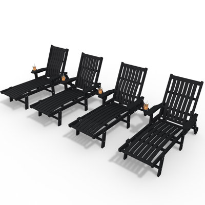 Black Outdoor HDPE Adjustable Reclining Chaise Lounge Chair With Wheels & Cup Holder (Set of 4)