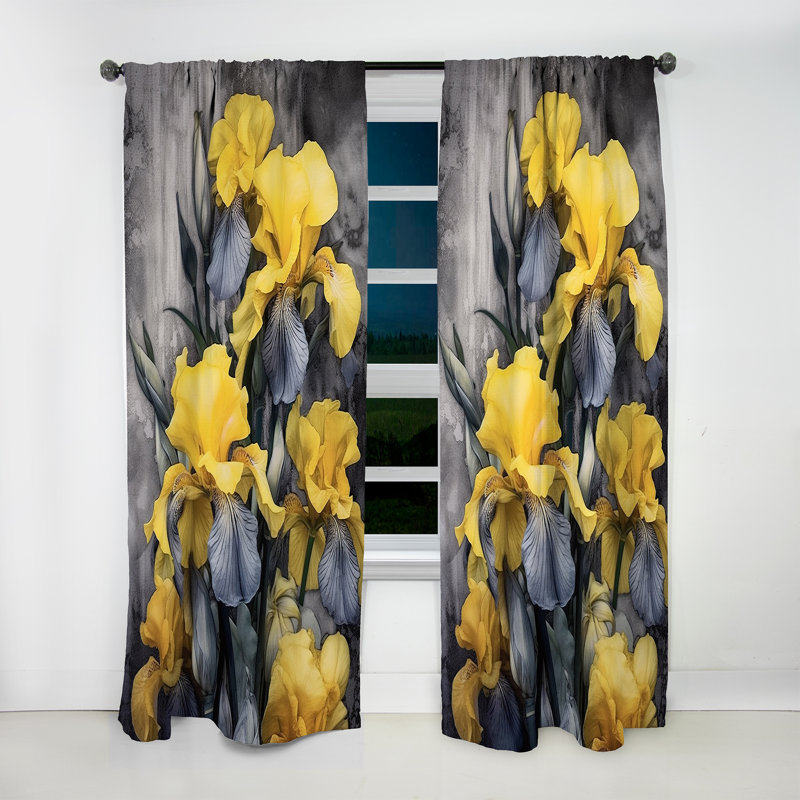 Rideau en velours jaune foncé et jaune avec pétales d'Iris I - obscurcissant - 1 panneau, L 52 po x L 108 po