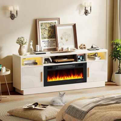 Meuble télé 70 po avec meuble télé avec foyer pour téléviseur de 80 po ou moins avec armoires de rangement, prises de courant et meuble télé moderne pour le salon