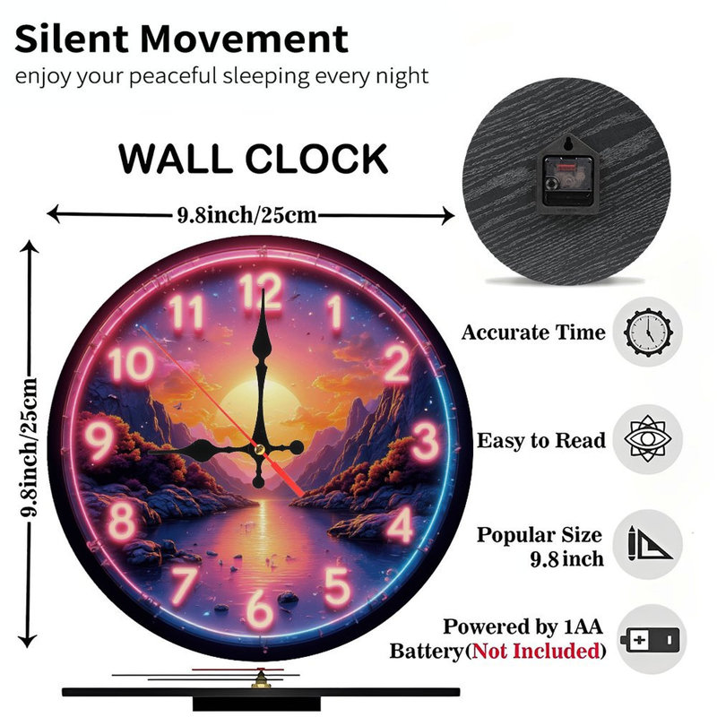 Horloge de style néon, montagnes, coucher de soleil sur le lac