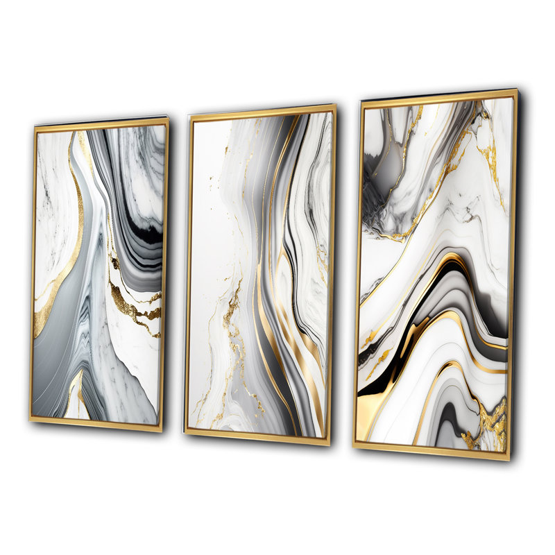 «Abstract Geode Marble Waves Grey», 3 pièces sur toile, Or, H 32 po x l 48 po