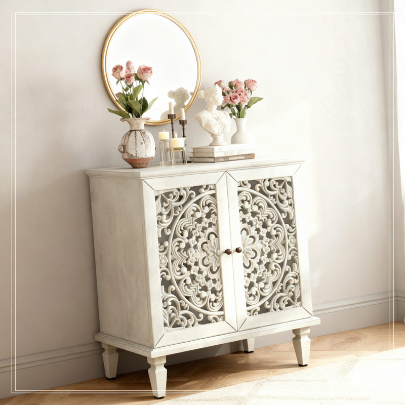 2-Door Display Storage Sideboard,Adjustable Shelf and Solid Wood Legs, Antique White