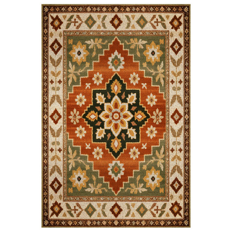 Isabel Collection Digital Print Cotton-Polyester Beige Brown Green Moroccan Rug, Runner 6'7" x 16'5"