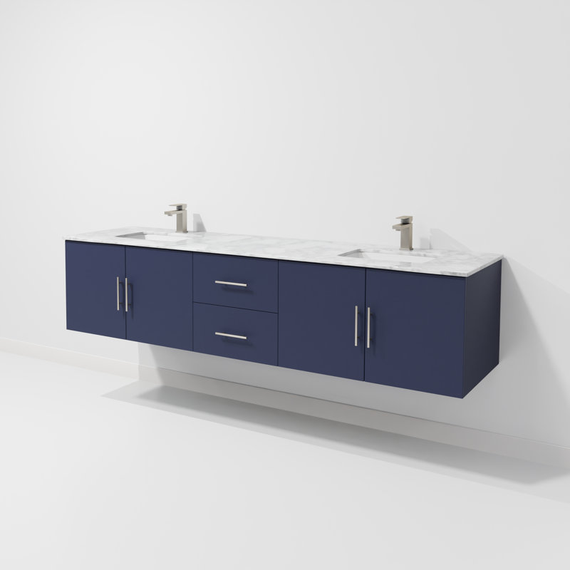 Geneva 80" Wall-Mounted Double Bathroom Vanity Set, Navy Blue, White Carrara Marble