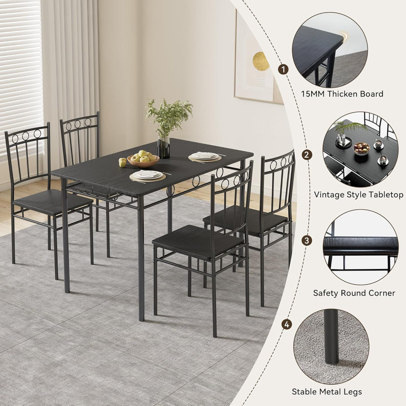 Ensemble de table de salle à manger pour 4, table et chaises de cuisine 5 pièces, ensemble de table de salle à manger rectangulaire avec 4 chaises, ensemble de table de cuisine compacte pour petit espace, coin repas, appartement, rétro brun