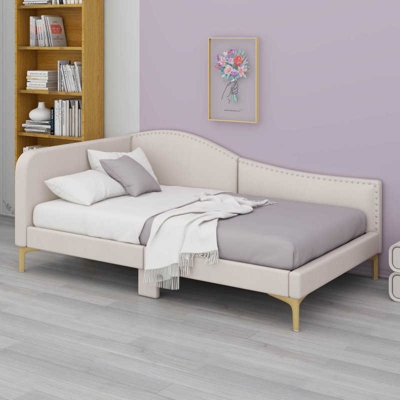 Twin Size Upholstered Daybed Bed Frame For Boys Girls Kids Adults Toddler With Headboard And Armrest, Support Legs, Beige
