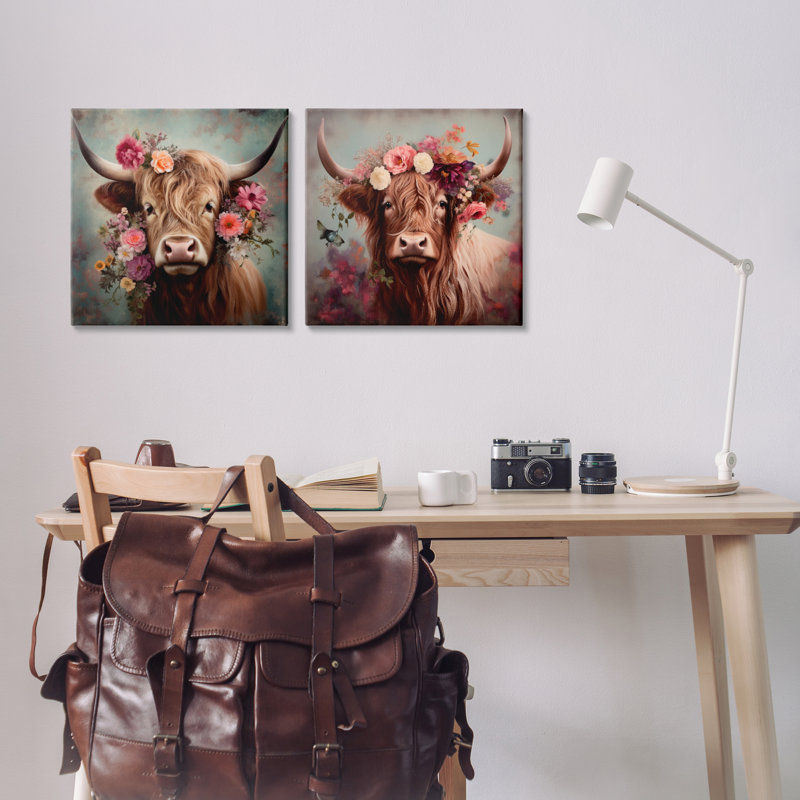 «Highland Cow Field Flower Crown», ensemble de 2 toiles d'art sur toile par Irena Orlov, H 17 po x l 17 po