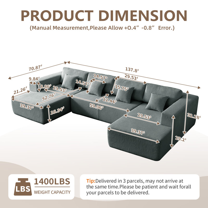 Boneless 137.39''Modular U-Shaped Sectional Sofa Set Reversible & Spacious Living Room Couch Set With 2 Chaises &4 Pillows,No Assembly Required