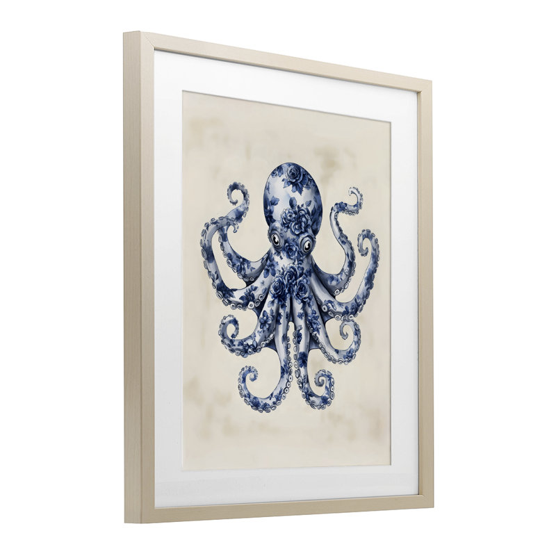 «Floral Octopus», reproduction sous verre encadrée, design par Arlington Prints, H 21 po x l 17 po, Cadre de récolte en pin