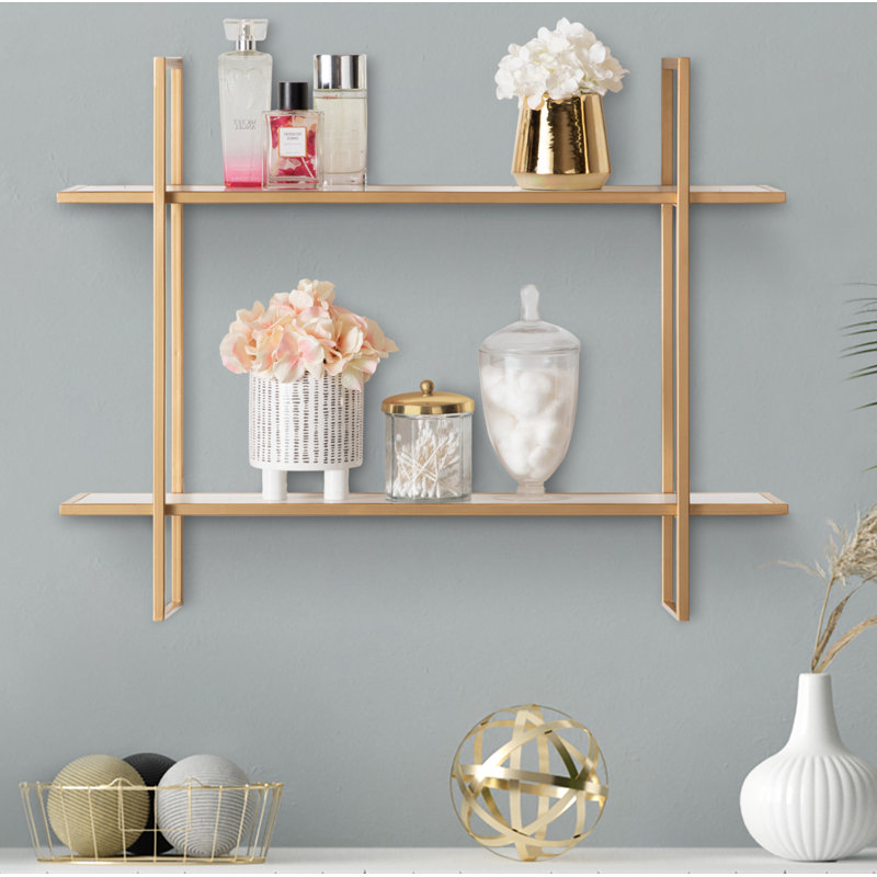 Hirsch 2 Piece Metal Accent Shelf, White/Gold