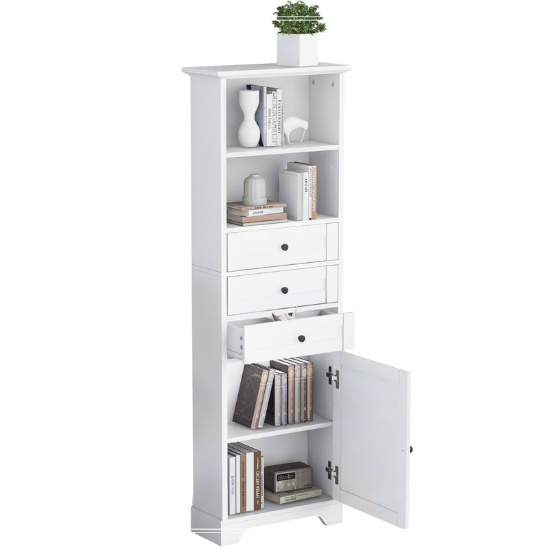 White Tall Bathroom Storage Cabinet with Adjustable Shelves and Drawers