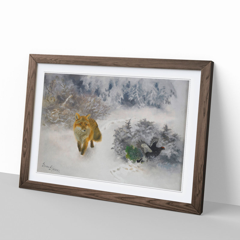 Fox and Black Grouse Cock by Bruno Liljefors - Picture Frame Painting, Walnut Framed, 36cm H x 48cm W x 2cm D