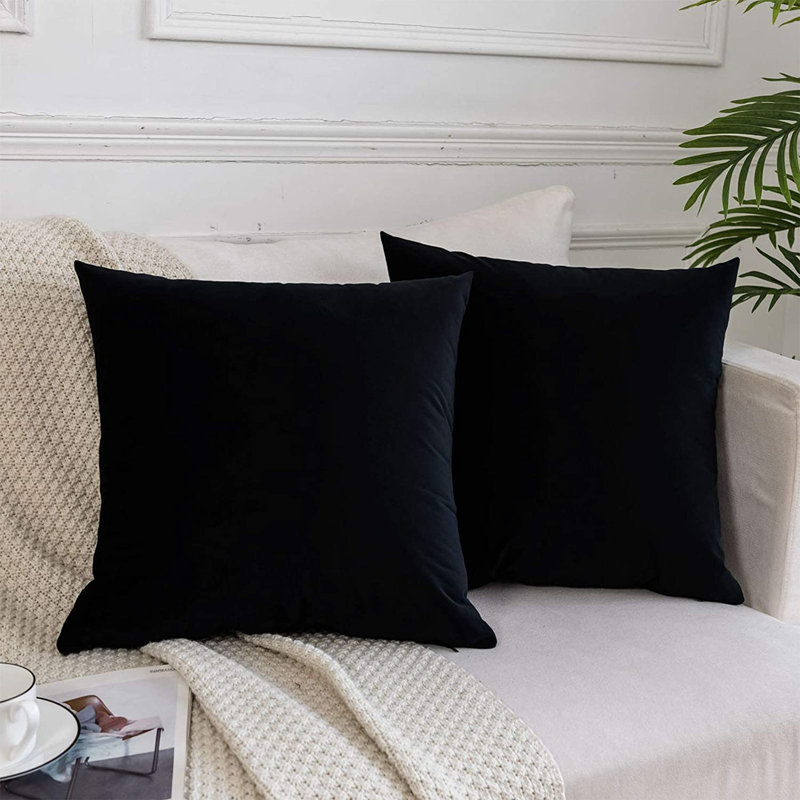 Coussins décoratifs en velours, coussin décoratif uni, Noir, Polyester-SV, Carré 18 po