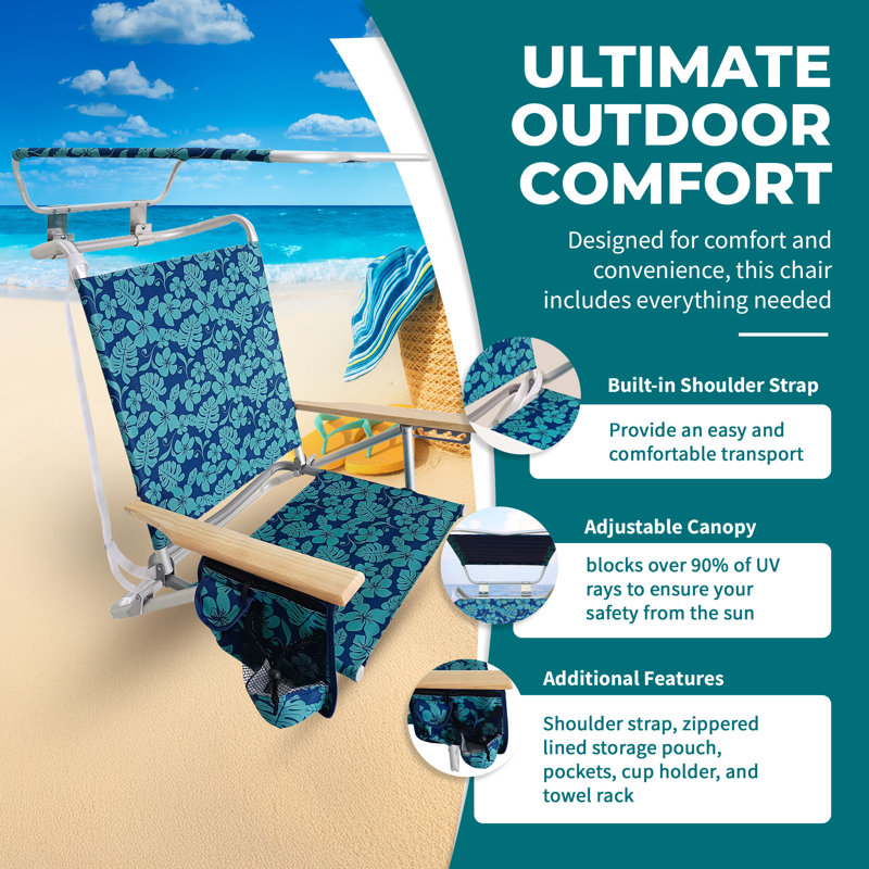  Folding Beach Chair, Backpack Recliner with Canopy, Blue Flower