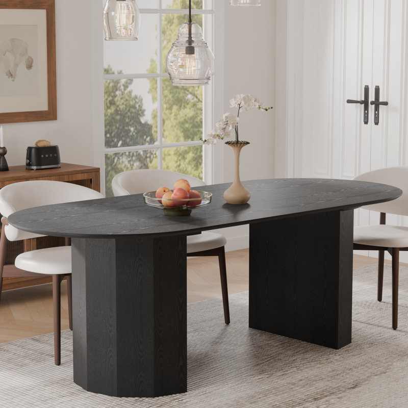 86" Black Wood Double Pedestal Base Oval Dining Table