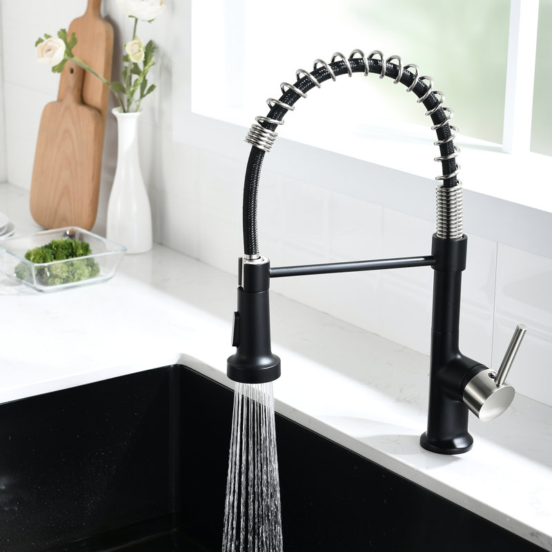 Robinet de cuisine rétractable - Corps en laiton, aspect noir et nickel, évier moderne à débit d'eau stable avec cartouche en céramique, finition ponctuelle, rotation à 360 degrés