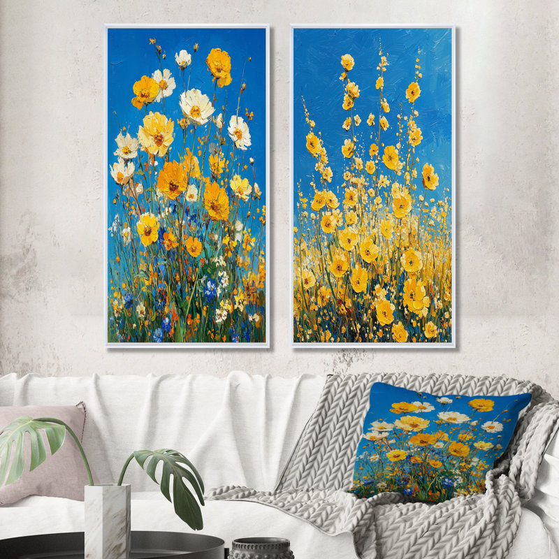 «Yellow Daylight Joy Wildflowers I» - Collection d'art mural floral 2 panneaux, H 40 po x l 41 po, Cadre flottant blanc
