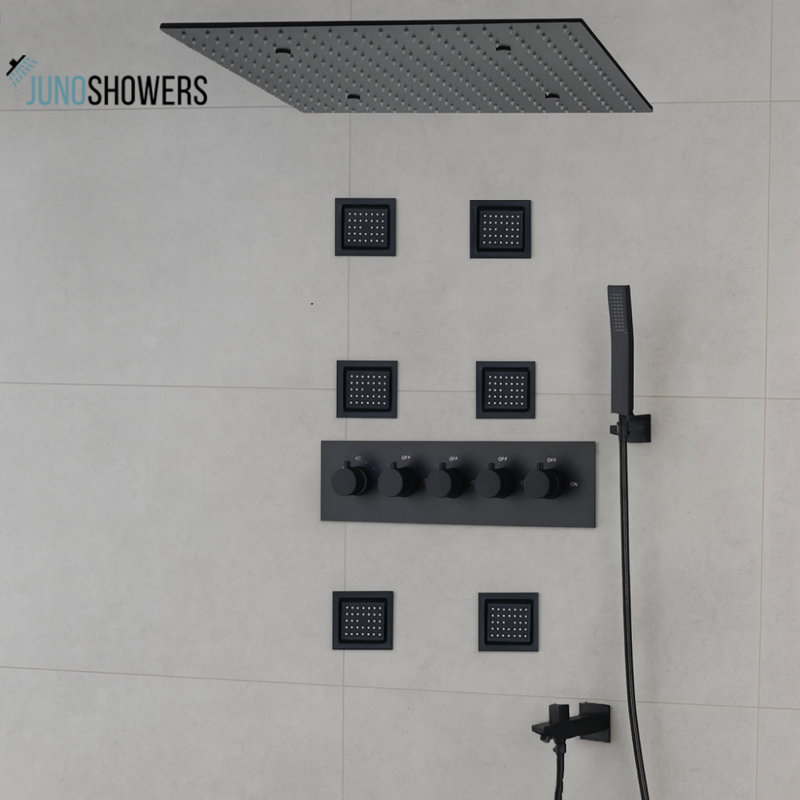 Élégant système de douche en nickel brossé avec douchette à main et pomme de douche à effet pluie