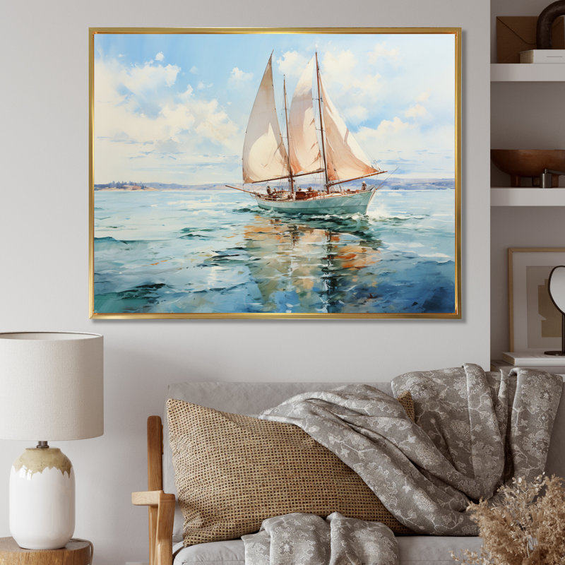Rensel " Boat Whispering Breezes II ", H 34 po x l 44 po x P 1,5 po, Cadre flottant doré