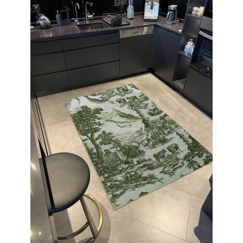 Tapis vert et beige à motif de village et de forêt, Rectangle 4 pi 11 po x 7 pi 7 po