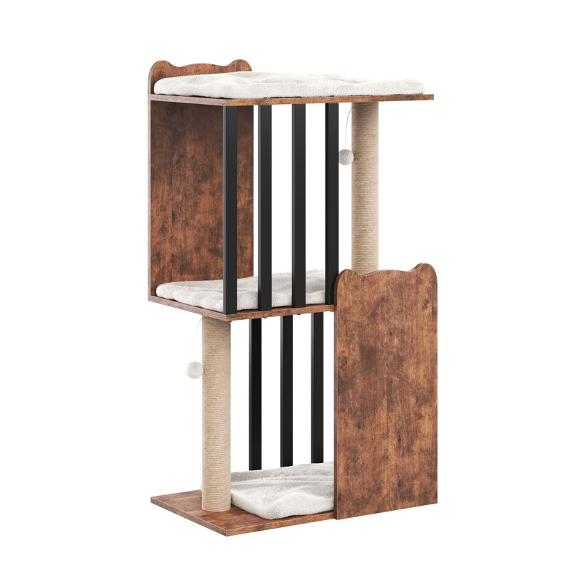 3-Tier Cat Tree, 43.7 in Tall Vintage Brown Cat Tower with 2 Sisal Scratching Posts, Plush Cushions, Hanging Toys, Wood Look & Metal Frame for Indoor Cats