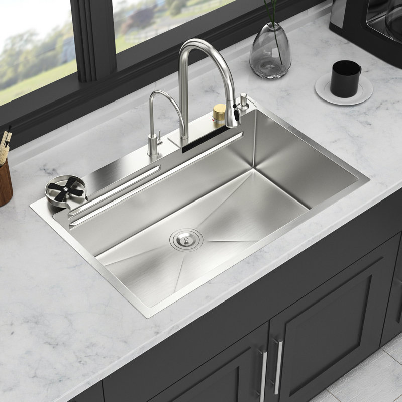 Évier de cuisine à rebord à cuve simple en acier inoxydable de calibre 16 33 * 22 pouces avec robinet coulissant et laveuse à gobelets, qualité T304 pour plus de durabilité, conception en cascade 3 modes d'eau, guide en forme de X