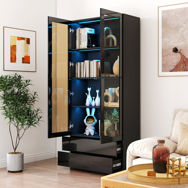 Vitrine avec portes en verre, armoire de rangement Curio avec 2 tiroirs
